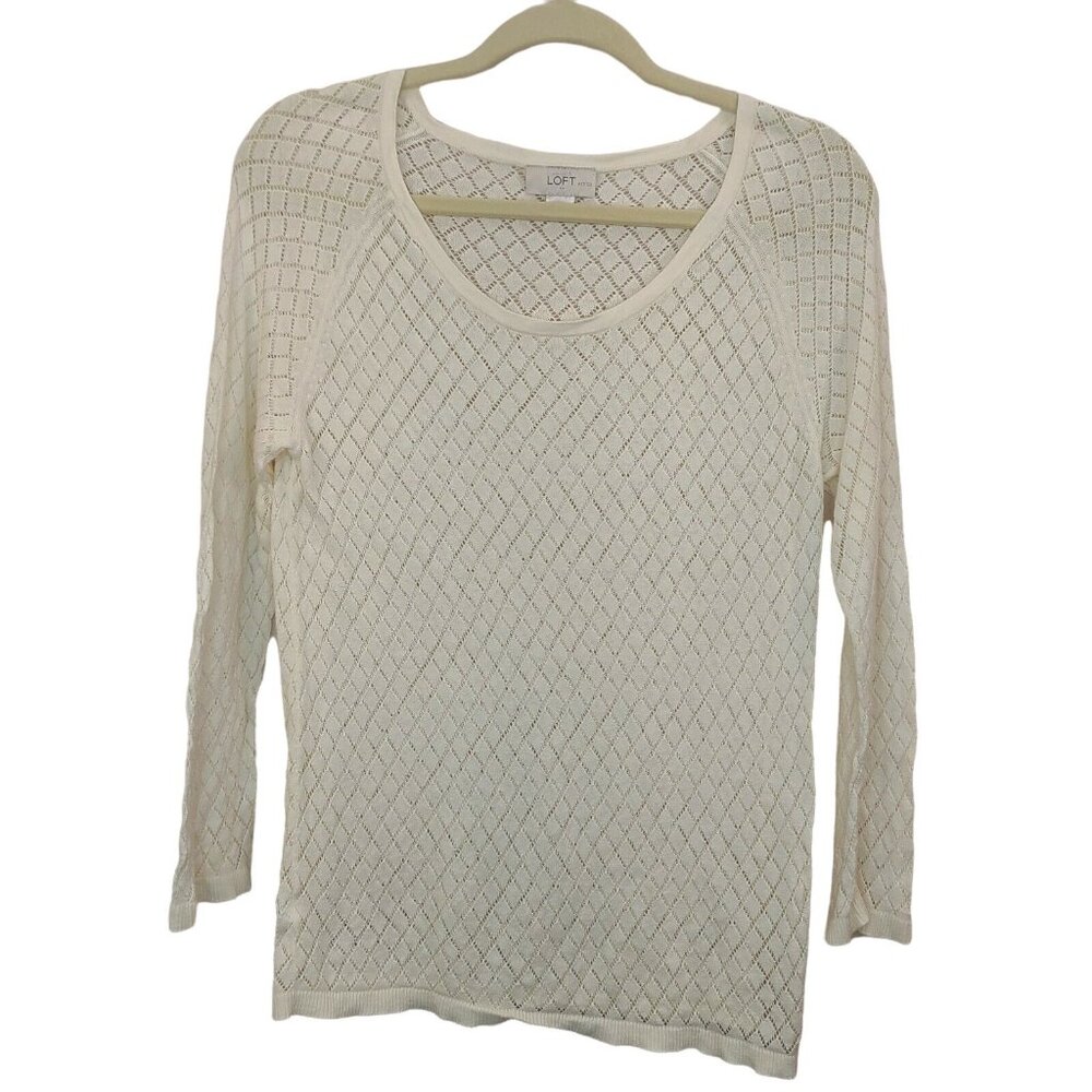Loft Sweater Top Womens LP (Fit Small) Ivory Pointelle Cotton Knit Casual Ladies